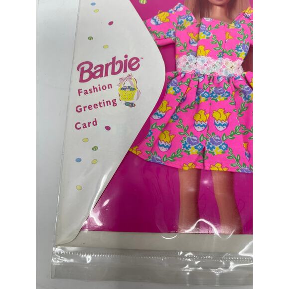 Vintage 1995 Barbie HAPPY EASTER Outfit Greeting Card PINK baby Chick LACE Dress - Picture 3 of 5
